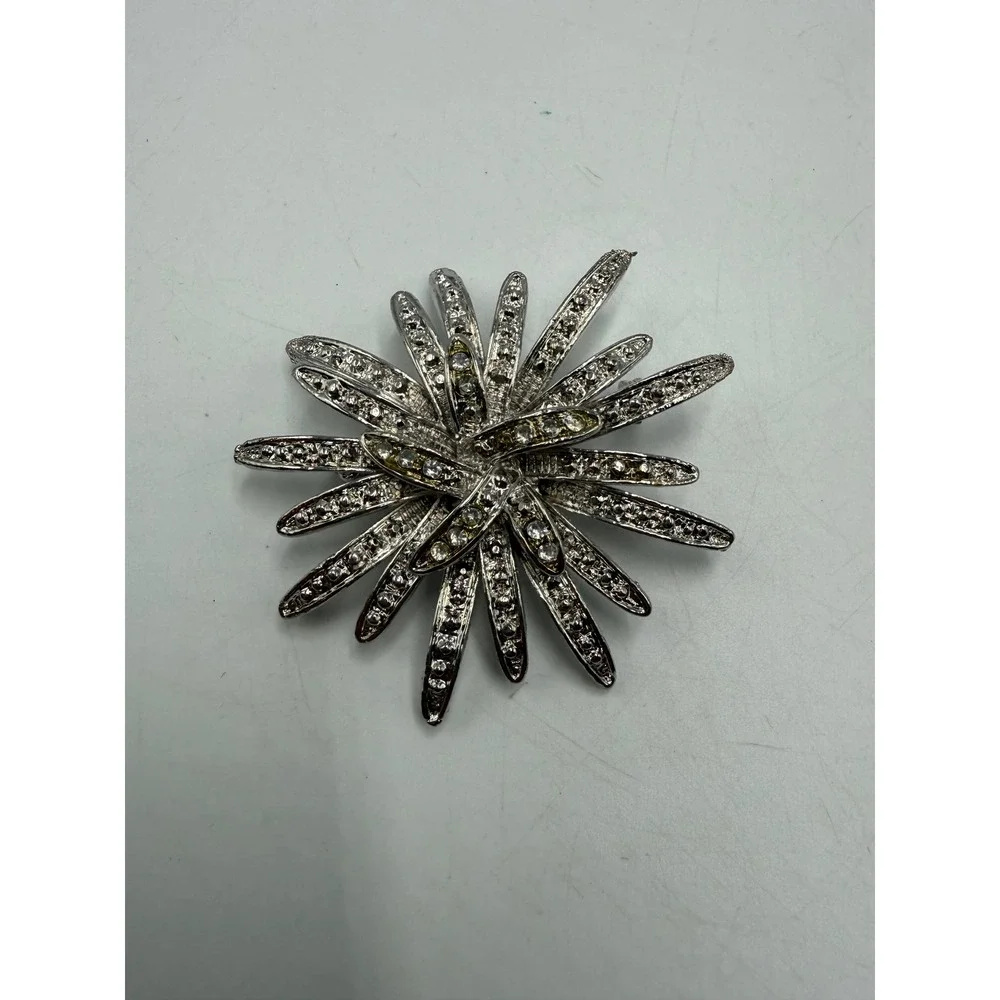 Vintage Silver Tone Starburst Brooch Rhinestone Sunburst Statement Pin Large